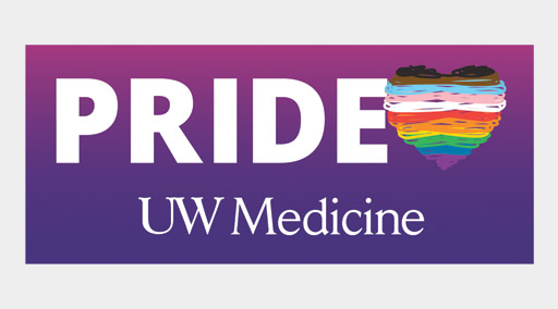 Pride and UW Medicine text with a rainbow colored heart on purple background