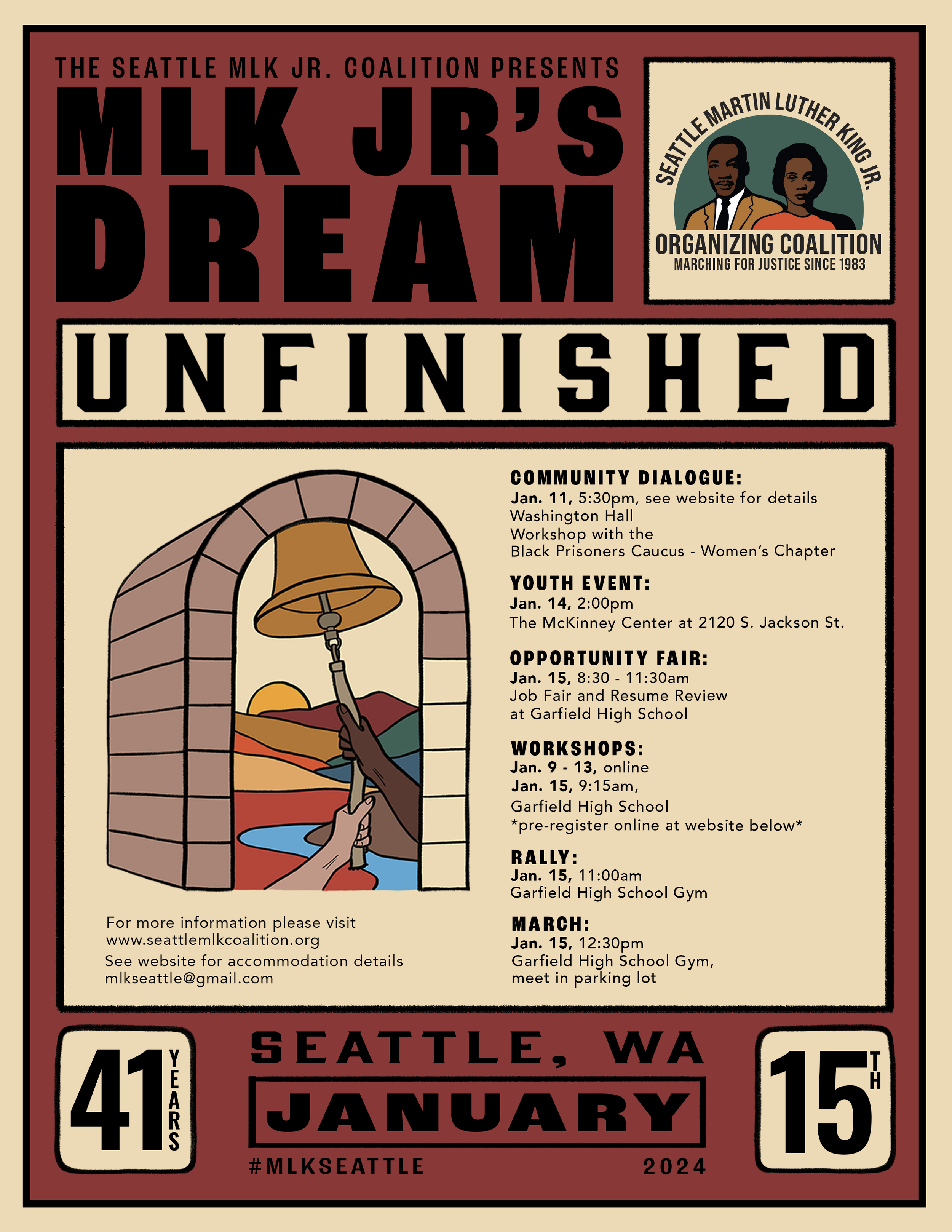 Flyer showing time and schedule of Seattle MLK Coalition events for 2024