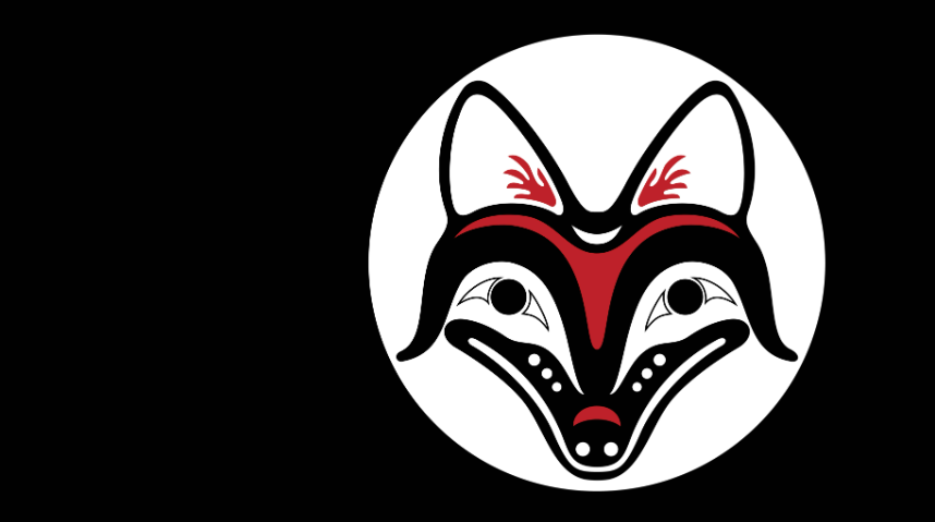 A picture of a coyote drawn in a Native American style. Colors are black, red, and white
