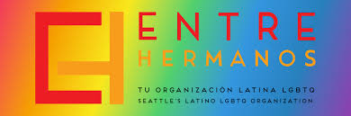 Entre Hermanos logo on rainbow background.