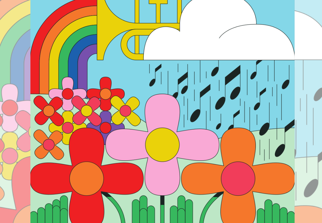 Photo of rainbows and flowers with musical instruments and notes