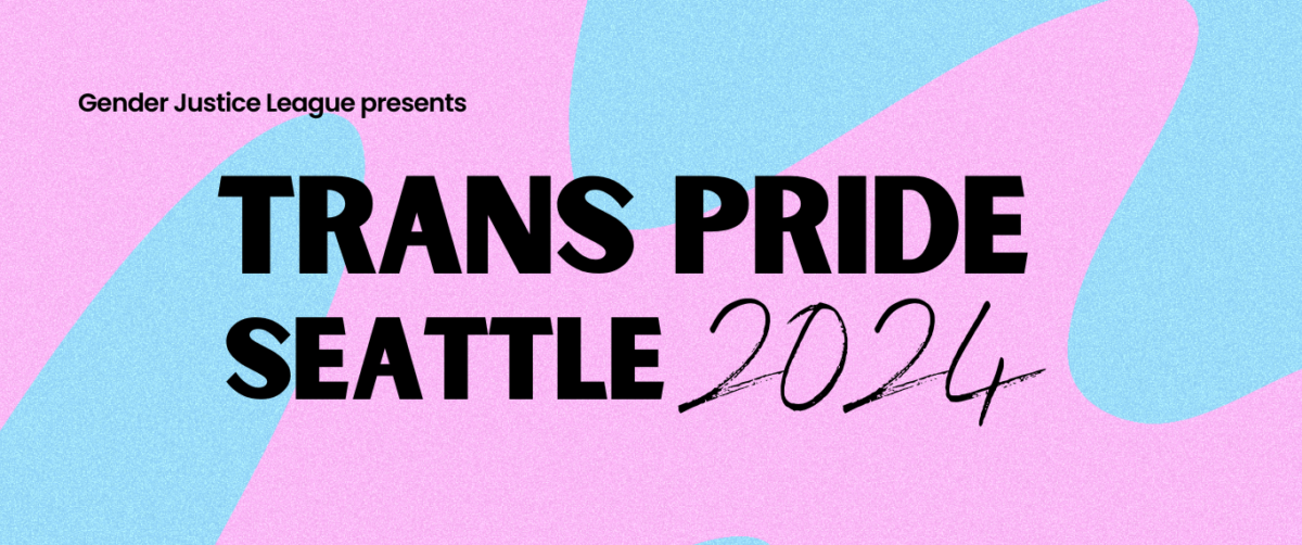 Trans Pride Seattle 2024 logo with pink and blue swirls in the background