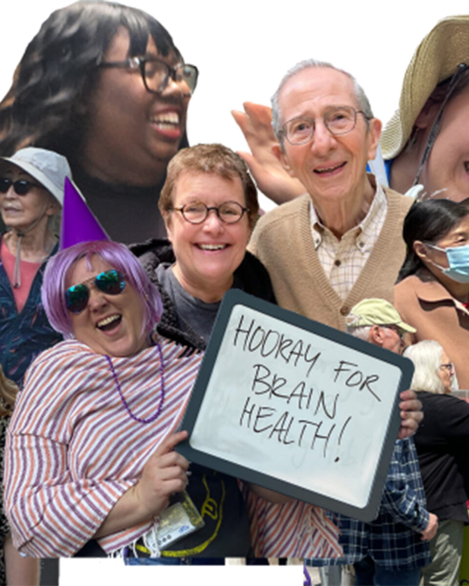 Collage of people with one person holding a sign that says "Hooray for Brain Health!"