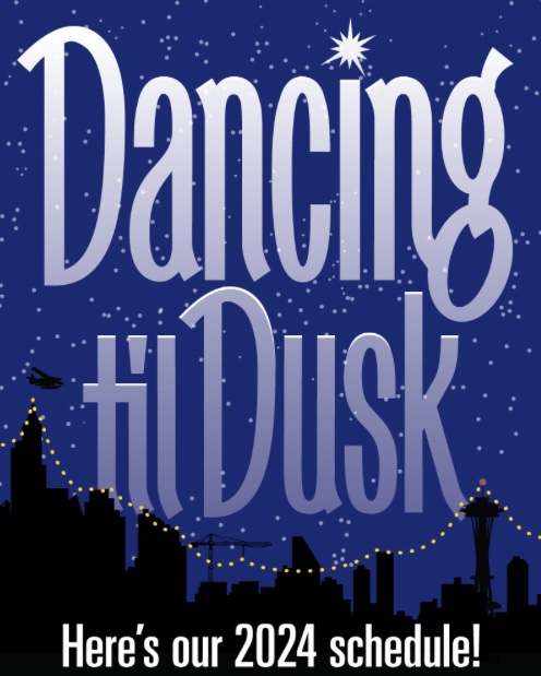 Advertisement for Dancing til Dusk - Seattle skyline against a night sky