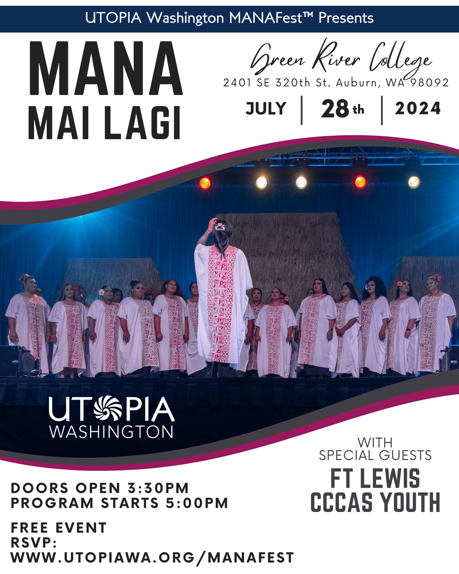Advertisement for Mana Mai Lagi with a photo of people wearing Samoan clothing in a group on stage