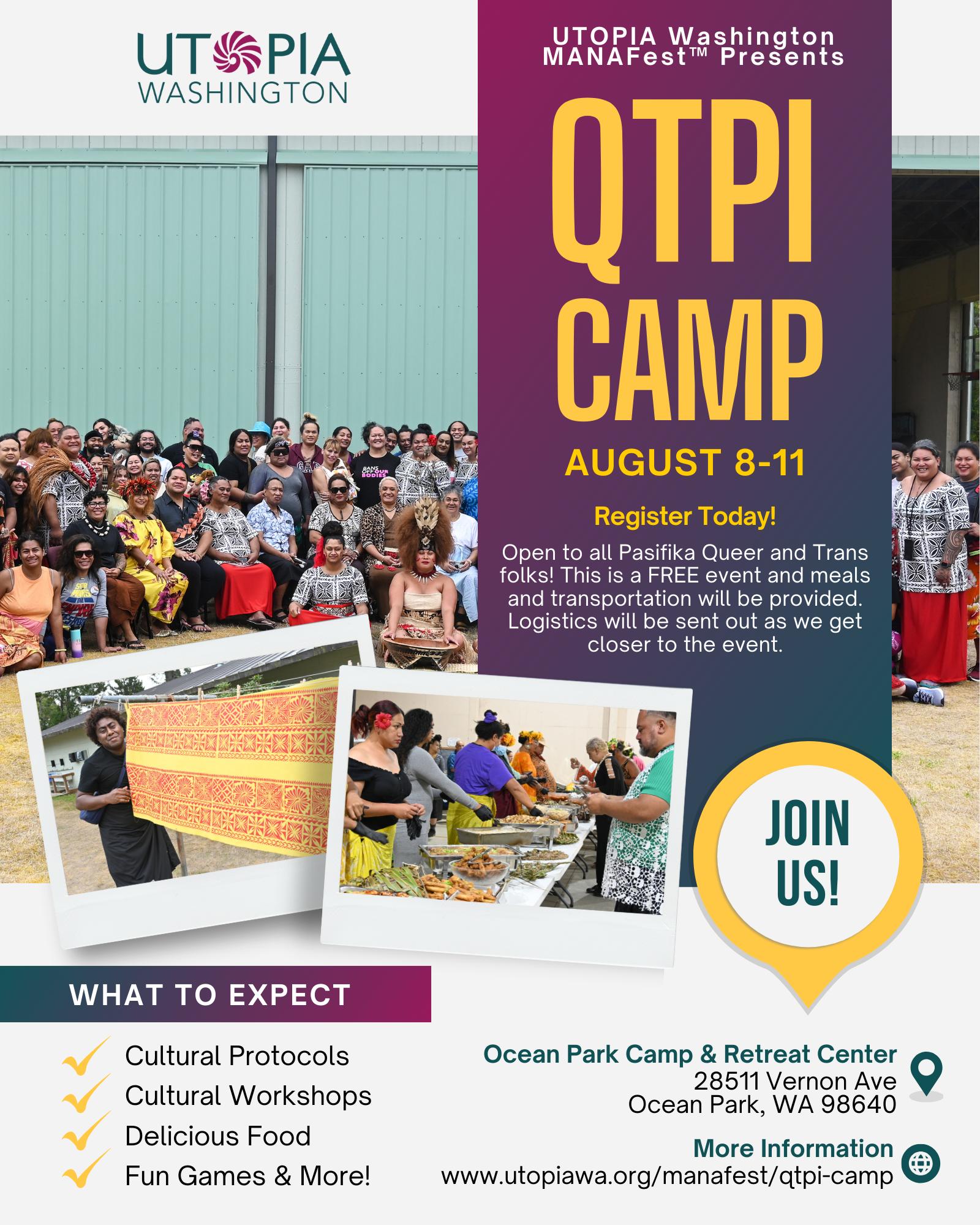 Advertisement for QTPI Camp showing participants creating art and eating food