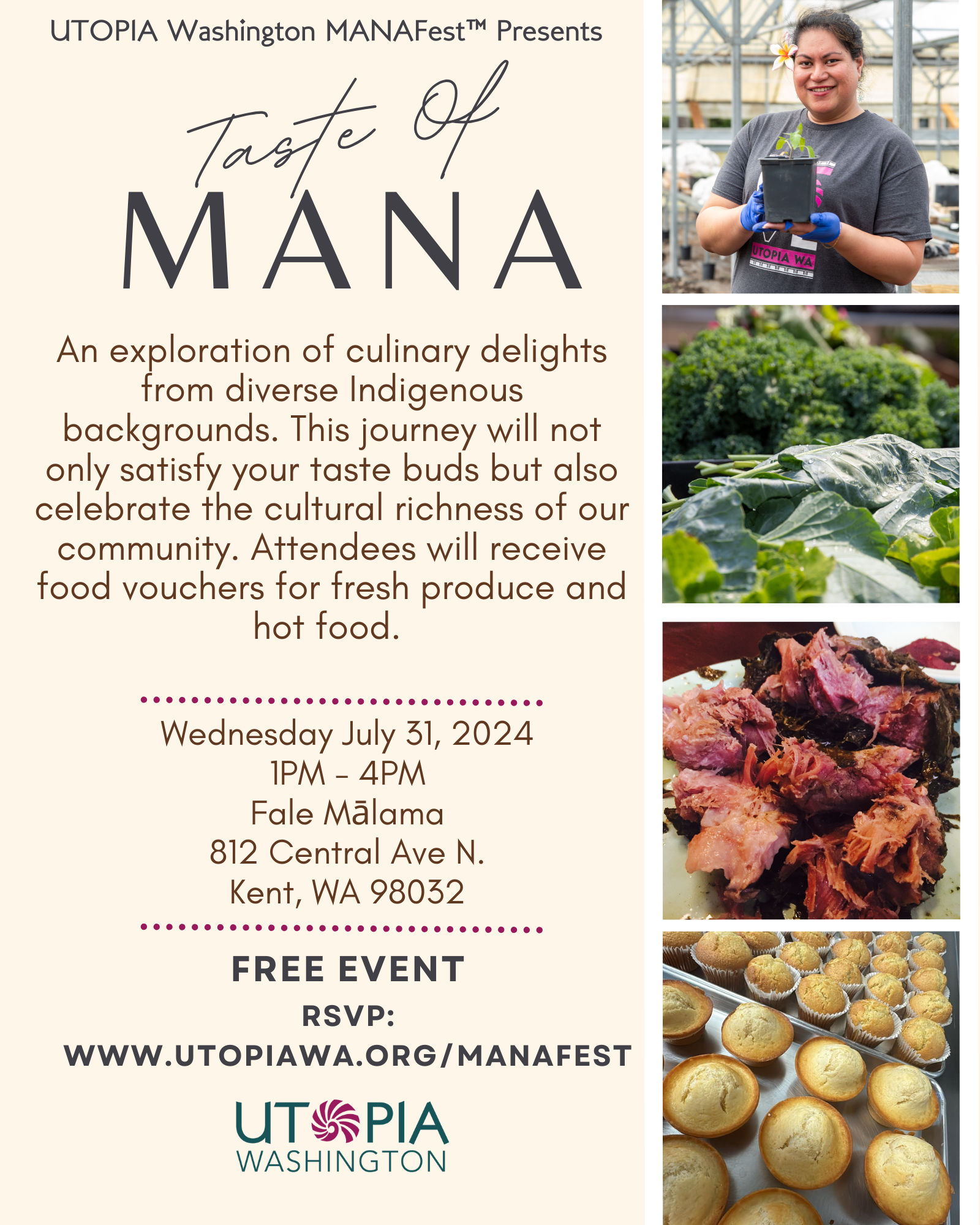 Advertisement for Taste of Mana with photos of fresh produce and hot food