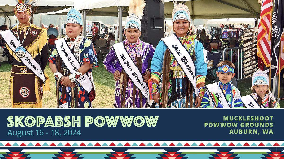 Advertisement for Skopabsh Powwow with photos of people wearing indigenous clothing