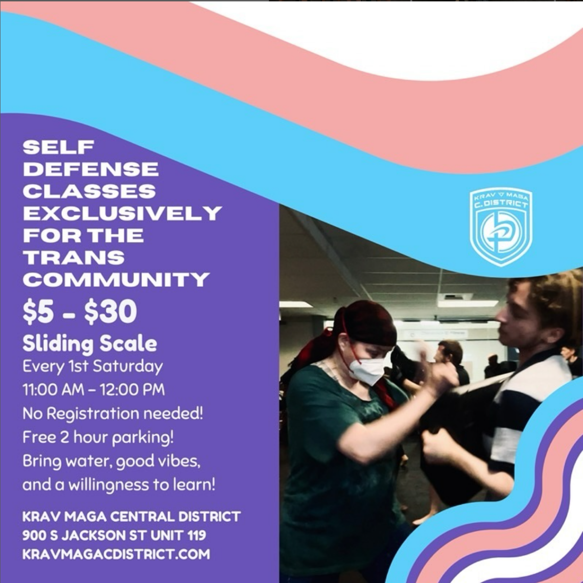 Advertisement for Krav Maga Self Defense Classes exclusively for the trans community