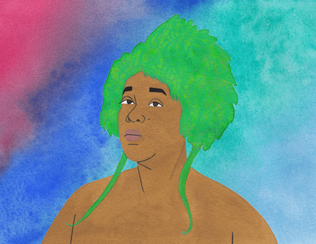 Photo of pastel art of a person with green hair