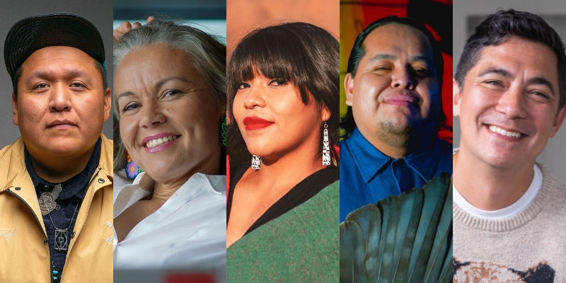 From left to right: Headshots of Jared Yazzie, Sarah Agaton Howes, Michelle "Milo" Lowden, John Isaish Pepion, and Louie Gong