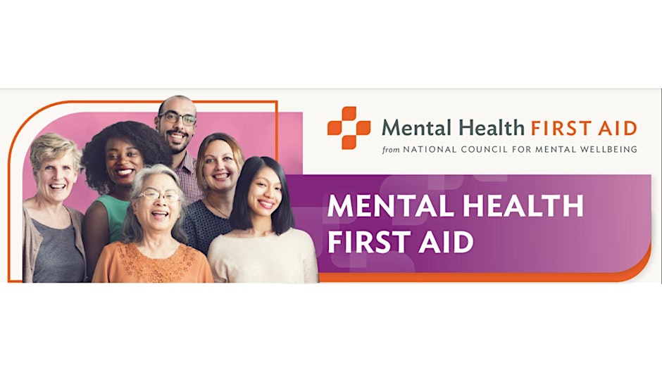 Advertisement for Mental Health First Aid with a photo of many smiling people