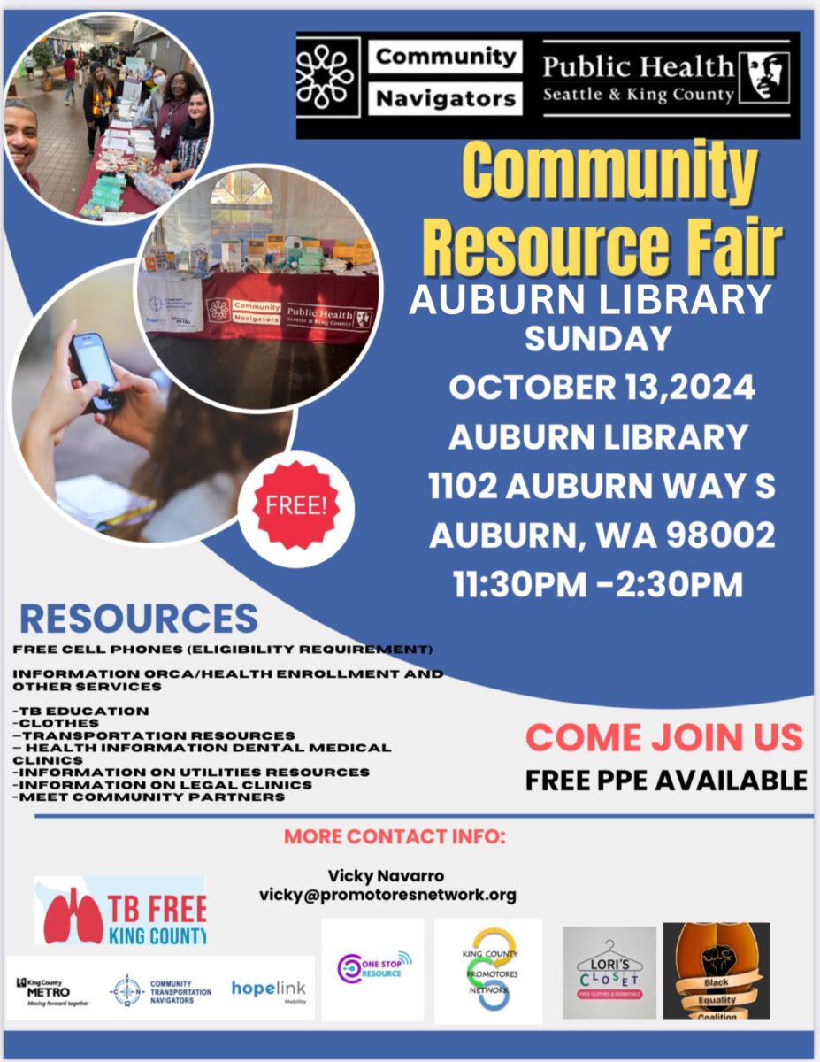 Advertisement for a Community Resource Fair at Auburn Library - Sunday, October 13, 2024 from 11:30am-2:30pm