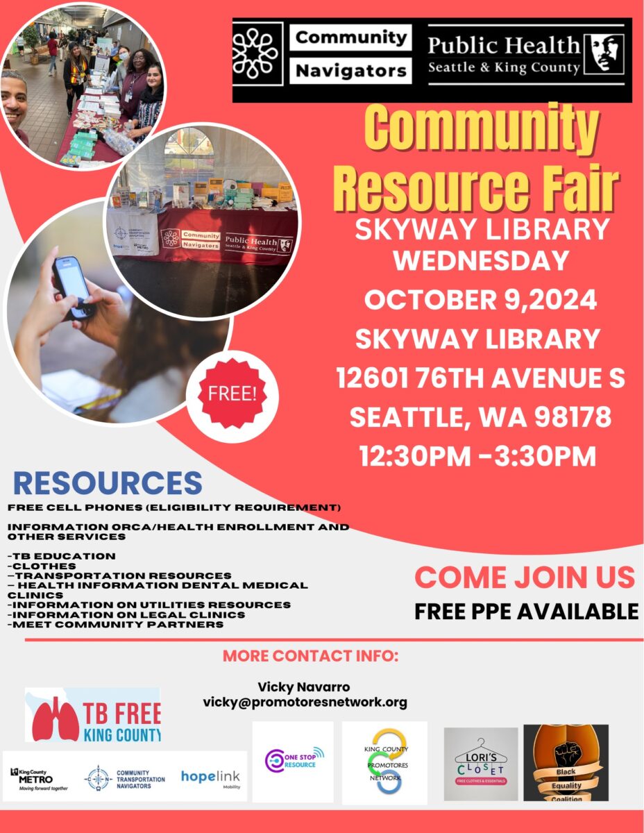 Advertisement for a Community Resource Fair at Skyway Library on Wednesday, October 9, 2024 from 12:30pm to 3:30pm