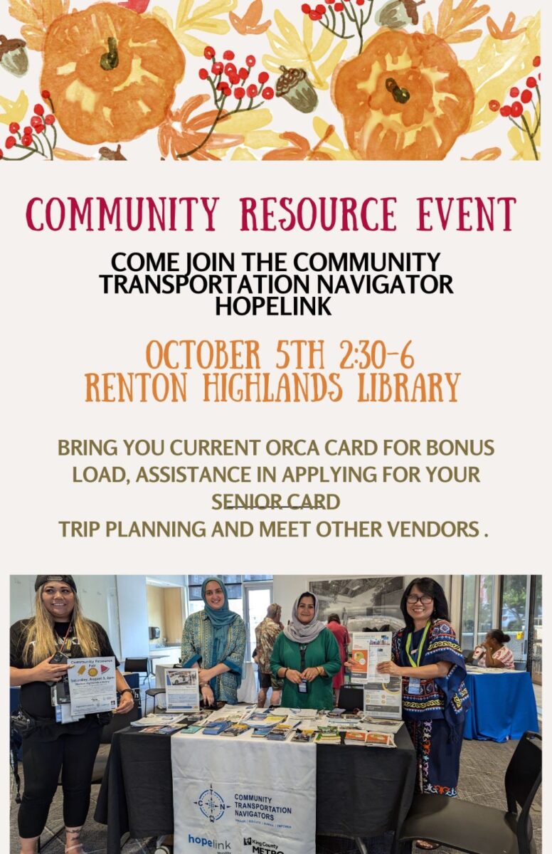 Advertisement for a Community Resources Event on October 5, 2024 from 2:30pm to 6pm at Renton Highlands Library