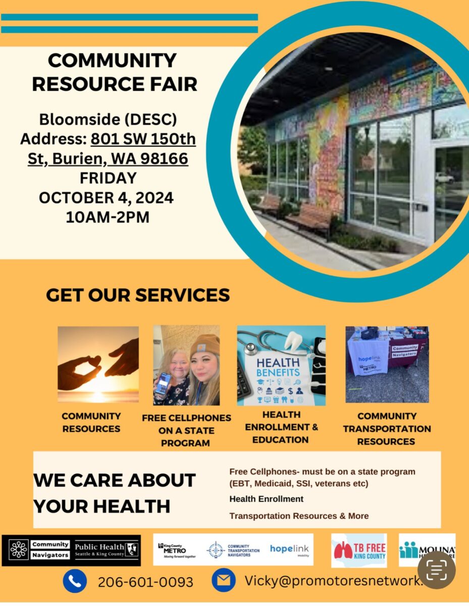 Advertisement for a Community Resource Fair at Bloomside (DESC) in Burien, WA on Friday, October 4, 2024 from 10am - 2pm