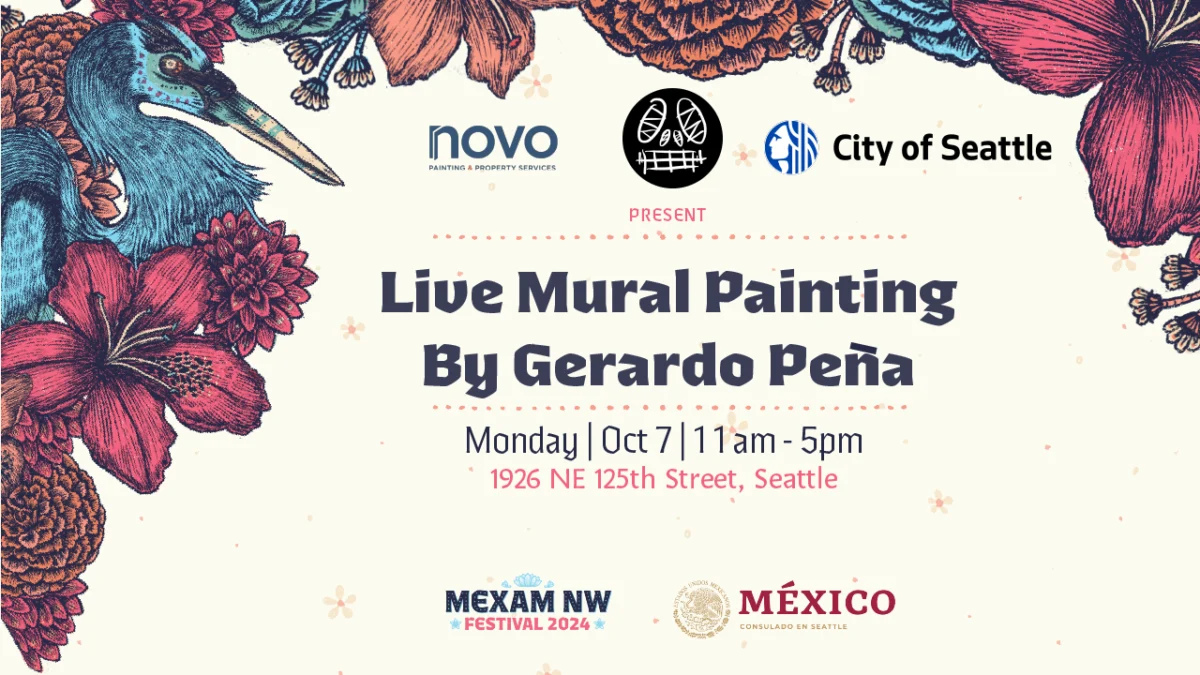 Advertisement for Live Mural Painting by Gerardo Pena. Monday, Oct. 7 from 11am-5pm