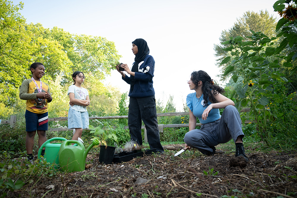 Photo of four young people gardening