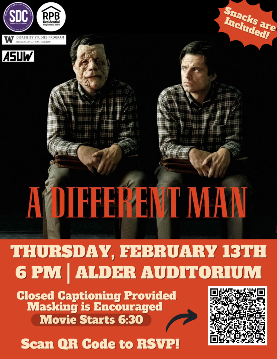 The event flyer has a QR code and shows the promotional poster for the film. Two men seated in front a dark background, one with a mask of a man with a facial deformity, and the other man is Sebastian Stan, who doesn’t have a facial deformity. The event details read: snacks are provided, SDC, RPB, Disability Studies Program, and ASUW are sponsoring the event, and the event will be held on February 13, 6-9 pm, in the Alder Hall Auditorium. Doors open at 6, and the film starts at 6:30. The event will have captioning and masks are encouraged.